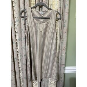 Others Follow Striped Shift Dress Small Beige Brown Cotton Keyhole Pocket